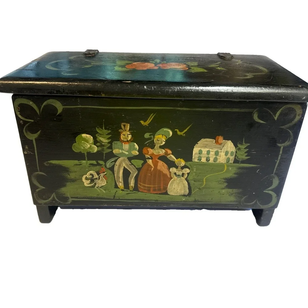 VTG Red House Woodworking Paint Decorated Miniature Blanket Chest Leather Hinges